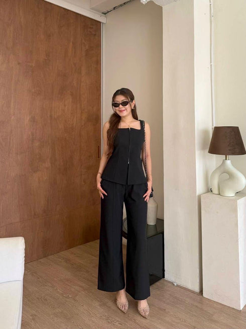 Women Classy Zipper Square Blouse With Trousers Sets